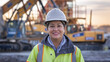 © Tom - A confident Hispanic woman in a hard hat and safety vest smiles at the construction site, surrounded by machinery and a warm sunset, embodying empowerment in infrastructure.