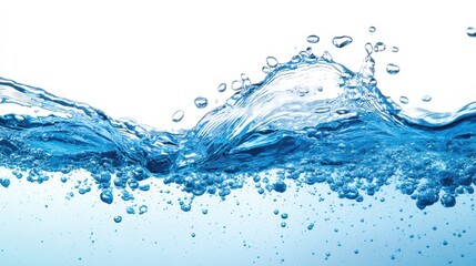 Poster - Blue water waves splashing with bubbles on white background