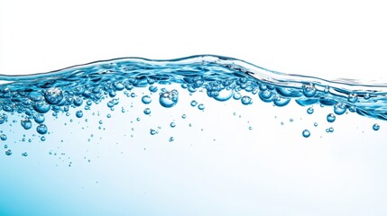 Poster - Blue water surface with bubbles creating a refreshing wave on white background