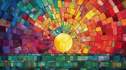 Poster - colorful mosaic of a sun and ocean. the sun is yellow and the ocean is blue. the mosaic is made up o