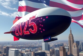 Wall Mural - holographic background blimp floating American landscape displays above urban flag 2025