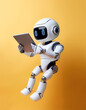 © SaddhaVisual - Ai robot using tablet floating or flying, isolated on a yellow pastel