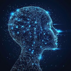 Poster - Human head profile showing digital technology, artificial intelligence and neural network