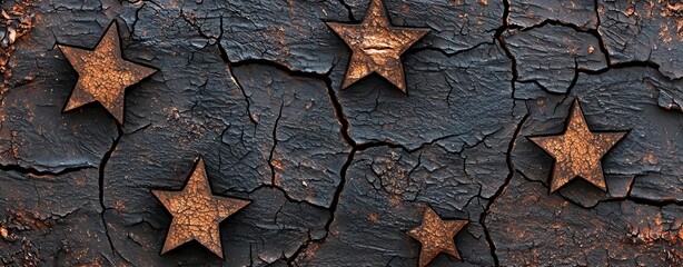 Rusty stars on weathered wood with a cracked texture, isolated on a dark background.