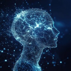 Poster - Digital human head profile made of glowing blue neural connections on dark blue background