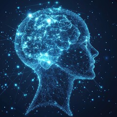 Aufkleber - Digital human head profile showing glowing blue neural connections on dark blue background
