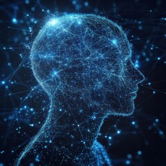 Aufkleber - Digital human head profile showing neural connections on dark blue background