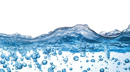 Poster - Blue water wave with bubbles creating a refreshing splash on white background