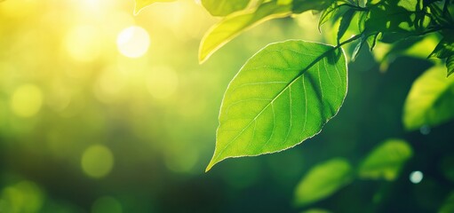 Poster - Sunlight shining through green leaves creating bokeh effect and highlighting nature's beauty