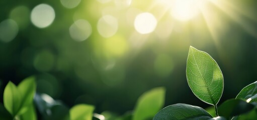 Poster - Sunlight shining through green leaves creating bokeh effect and highlighting one leaf