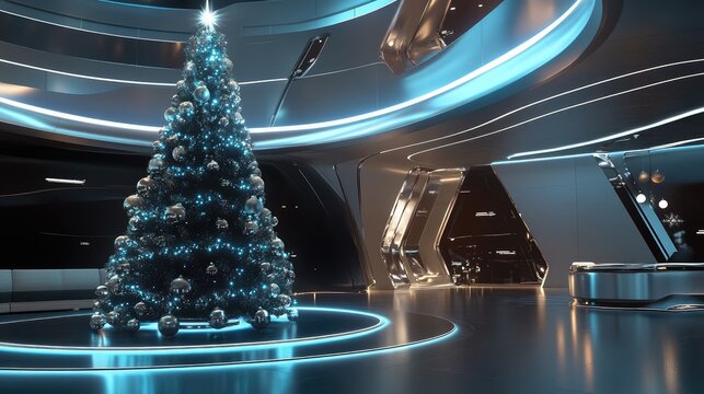 Futuristic Christmas tree with holographic lights and metallic ornaments, set against a sleek, high-tech interior.