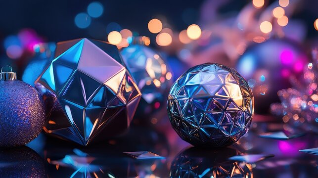 Futuristic holiday centerpiece with metallic ornaments and geometric shapes, glowing softly in blue and purple hues.