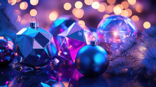 Futuristic holiday centerpiece with metallic ornaments and geometric shapes, glowing softly in blue and purple hues.