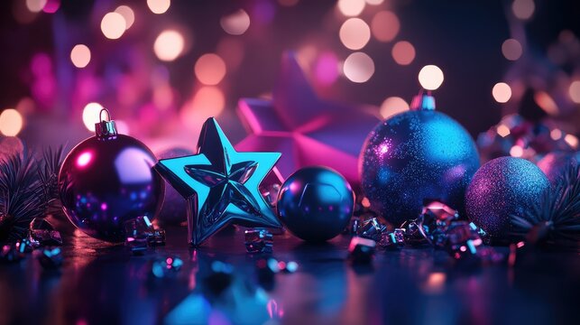 Futuristic holiday centerpiece with metallic ornaments and geometric shapes, glowing softly in blue and purple hues.