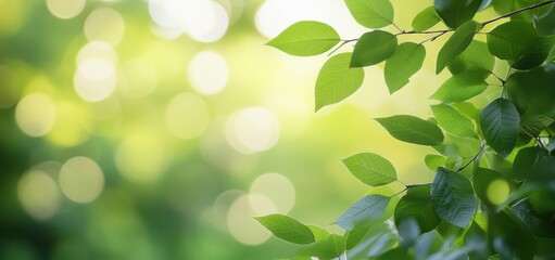 Poster - Sunlight shining through green leaves creating bokeh effect background