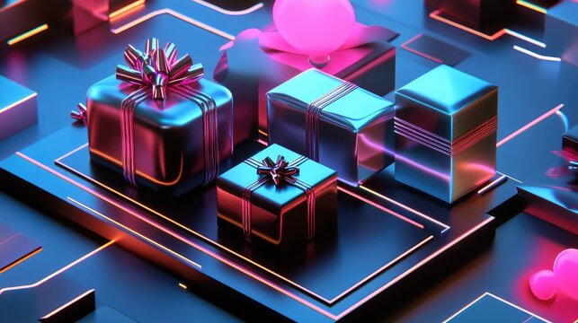 Modern gift boxes with neon ribbon accents and metallic wrapping, arranged on a sleek, high-tech platform.