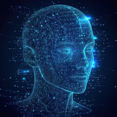 Poster - Digital human head symbolizing artificial intelligence technology, surrounded by data points and network connections