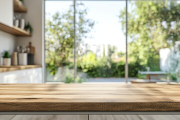 Aufkleber - Empty wooden table top in a modern kitchen setting with garden view