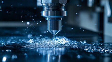 Wall Mural - Close-up of a precision nozzle dispensing liquid in a manufacturing process.