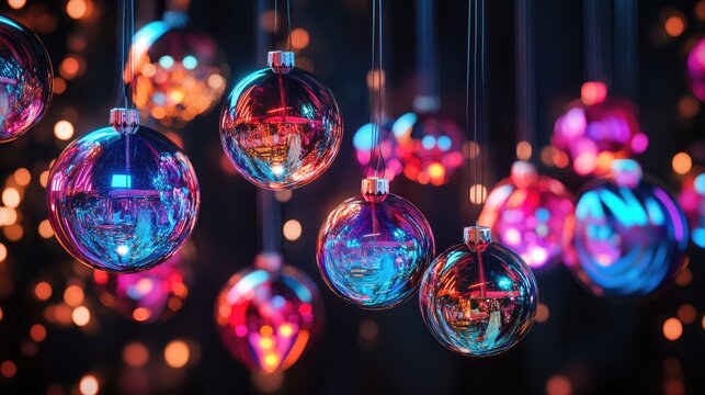 Abstract Christmas ornaments with neon glows and metallic finishes, suspended against a dark, modern backdrop.