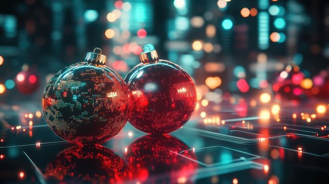 Cyber Christmas ornaments with holographic textures and LED lights, resting on a reflective, ultra-modern surface.
