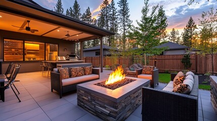 Poster - Elegant terrace with modern furniture and warm fire pit under evening lights 4k Resolution