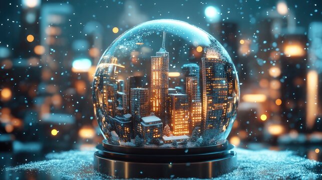 Digital snowglobe with holographic snowflakes and a miniature modern cityscape, glowing with Christmas lights.