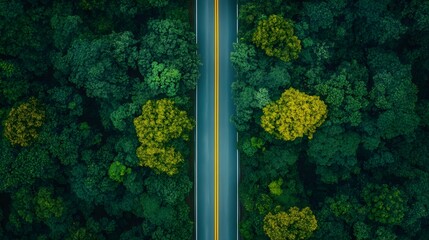 Poster - Aerial View of Road Through Vibrant Green Forest