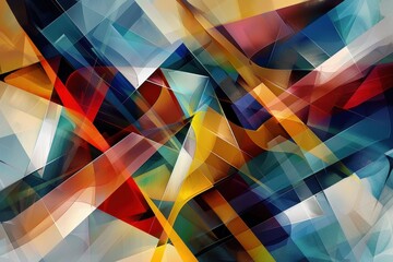Fototapete - Abstract artwork featuring geometric shapes in vibrant colors, with dark backgrounds, displayed in an art gallery during an evening exhibition