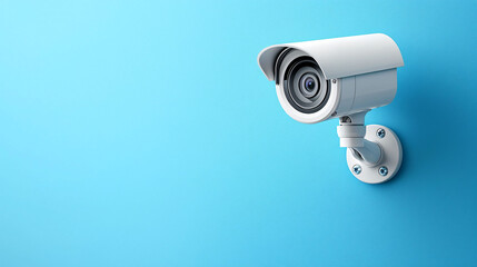 Poster - Sleek wall mounted security camera on blue background, modern design