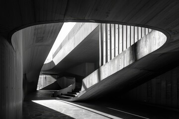 Leinwandbilder - Architectural interplay of light and shadow in modern concrete structure featuring curved lines and textured surfaces during a bright day