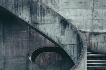 Leinwandbilder - Architectural interplay of light and shadow in modern concrete structure featuring curved lines and textured surfaces during a bright day