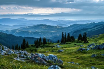 Aufkleber - Breathtaking view of rolling hills and mountains at dawn from a garden patio with blooming plants and soft morning light in a serene countryside setting