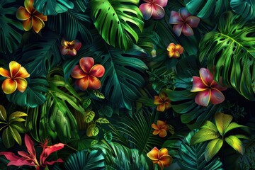 Aufkleber - Vibrant tropical foliage with colorful flowers in a lush garden setting, showcasing various plant species and vivid colors during daylight hours