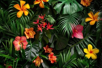 Aufkleber - Vibrant tropical foliage with colorful flowers in a lush garden setting, showcasing various plant species and vivid colors during daylight hours