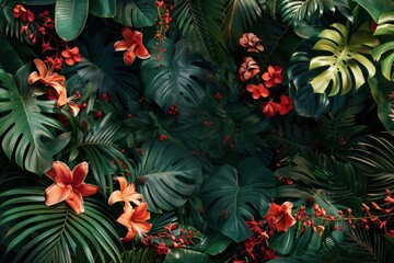 Poster - Vibrant tropical foliage with colorful flowers in a lush garden setting, showcasing various plant species and vivid colors during daylight hours
