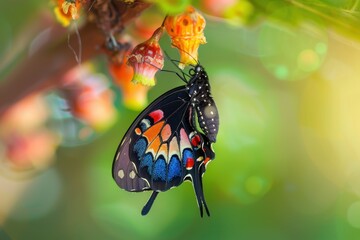 Poster - A vibrant butterfly perched on a branch with a caterpillar nearby, showcasing the beauty of nature in a lush environment during the day
