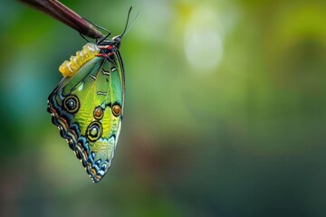Poster - A vibrant butterfly perched on a branch with a caterpillar nearby, showcasing the beauty of nature in a lush environment during the day