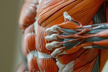 Poster - Detailed anatomical model of human muscles highlighting the structure and connections of the upper body, ideal for educational purposes in biology or medical studies