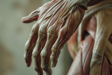 Poster - Detailed anatomical model of human muscles highlighting the structure and connections of the upper body, ideal for educational purposes in biology or medical studies