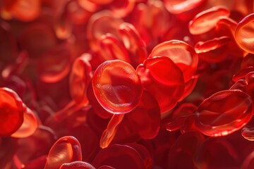 Poster - Close-up view of red blood cells showcasing their biconcave structure under magnification in a laboratory setting