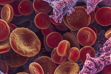 Poster - Close-up view of red blood cells showcasing their biconcave structure under magnification in a laboratory setting