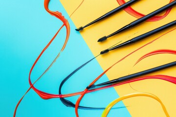 Poster - Art supplies arranged artistically on a vibrant yellow background showcasing black paint strokes and various brush types