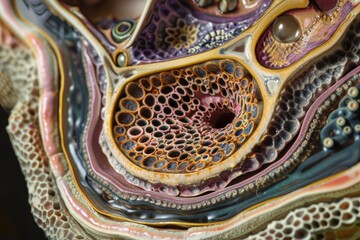Poster - Intricate microscopic structure showcasing cellular components and textures in a vibrant representation of biological tissue layers