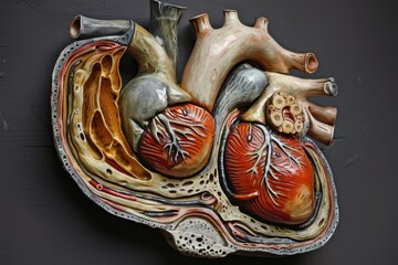 Poster - A colorful and detailed anatomical depiction of the human heart and circulatory system displayed on a dark background, emphasizing the structure and function of vital organs in education