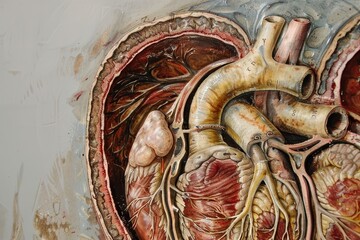 Poster - A colorful and detailed anatomical depiction of the human heart and circulatory system displayed on a dark background, emphasizing the structure and function of vital organs in education