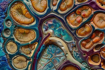 Poster - Anatomical cross-section of a human kidney revealing its intricate internal structures and blood vessels juxtaposed with surrounding tissue in vivid detail