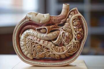 Poster - A detailed anatomical model of the human digestive system showcasing the stomach, intestines, and associated organs in a laboratory setting during daylight