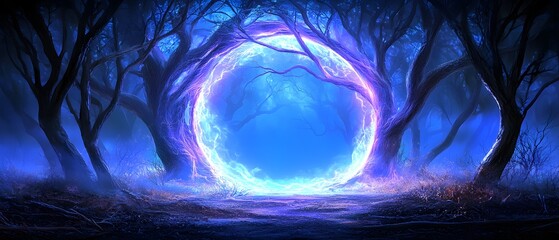 a blue and purple forest with a large circle in the middle