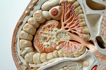Poster - A detailed anatomical model of the human digestive system showcasing the stomach, intestines, and associated organs in a laboratory setting during daylight